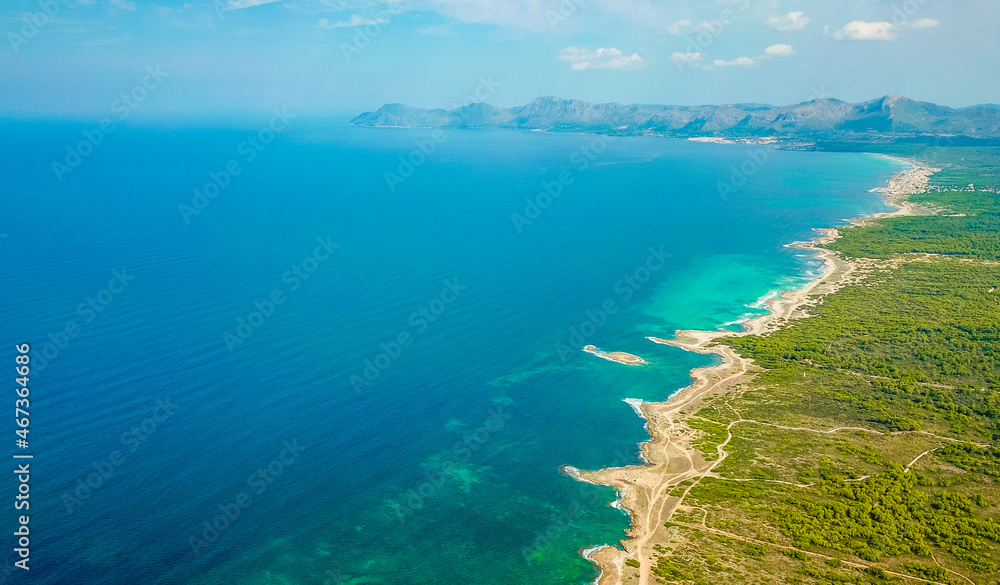 Beautiful coast beach drone landscape panorama Can Picafort Mallorca Spain.