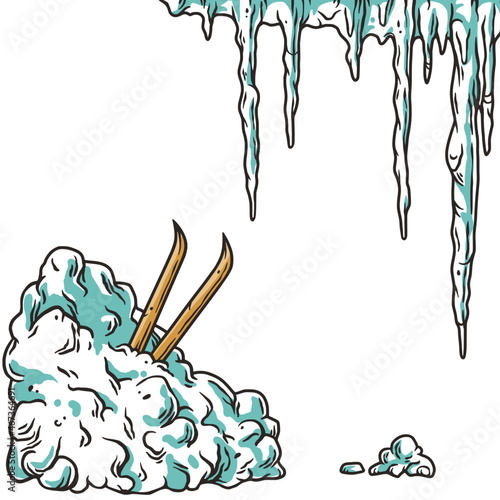 Winter skis in snowdrift for print design. Snow design set with ice icicles for merry christmas holiday or new year