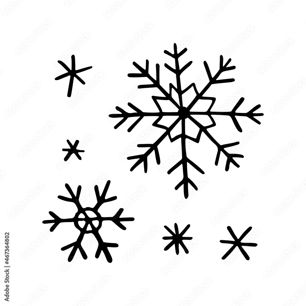 Set of winter snowflakes. Snow symbol in doodle style. Hand drawn line art vector illustration for a merry party. Happy holiday. Isolated element.