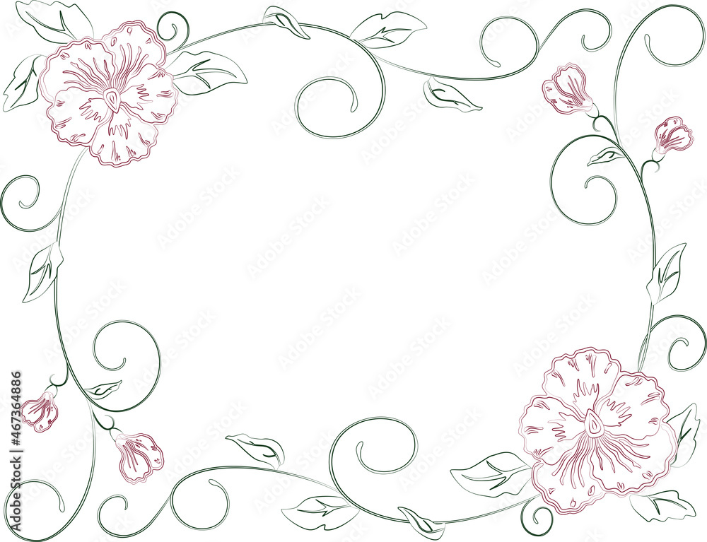 Vector contour drawing of decorative floral frame from delicate pansies flowers with buds, leaves and tendrils