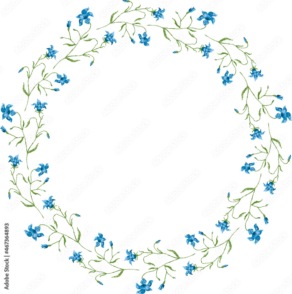 Vector decorative floral wreath from drawn blue delicate bluebells Vector decorative floral wreath from drawn blue delicate bluebells