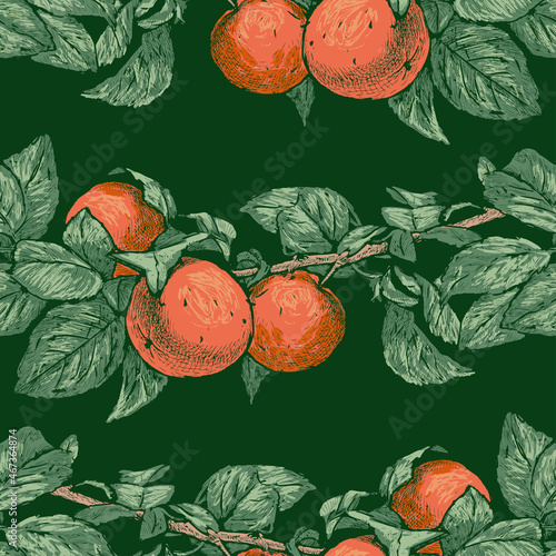 Seamless pattern from drawn branches with ripe orange mandarins and green leaves