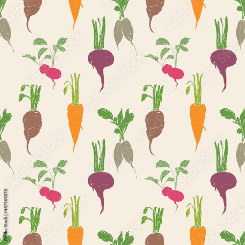Seamless pattern of various drawn ripe root vegetables