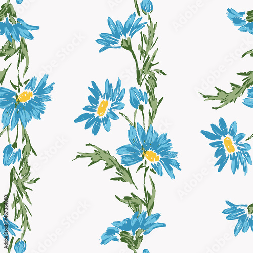 Seamless pattern of textured brush drawings blue garden daisies