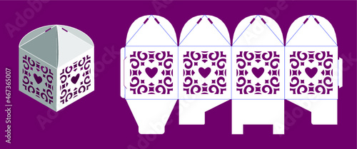 Wedding bonbonniere with hearts. Gift box for valentines day. Laser cutting vector template. Openwork cube gift box. Vector silhouette isolated.