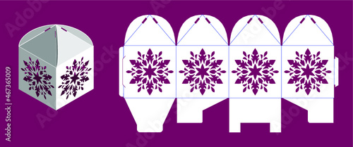 Christmas bonbonniere with snowflake. Laser cutting vector template. Openwork cube gift box. Vector silhouette.