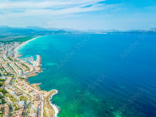 Beautiful coast beach drone landscape panorama Can Picafort Mallorca Spain.
