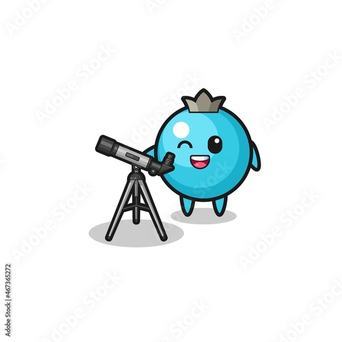 blueberry astronomer mascot with a modern telescope