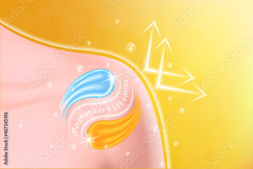 Cream or body lotion Moisturize blue solution serum and vitamins orange on woman's shoulder. Natural cosmetics smudge lotion for face or body. Hyaluronic acid skin care ad. 3D Realistic Vector EPS10.
