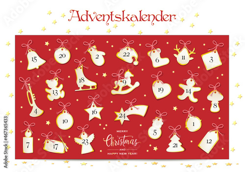 Advent Kalender mit 24 Weihnachtliche Motiv Karten,
Tradition in der Adventszeit,
Vektor Illustration auf weißem Hintergrund
