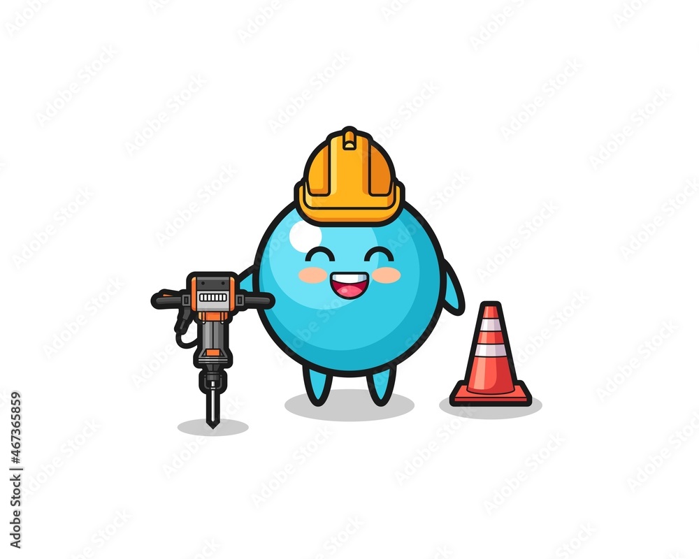 road worker mascot of blueberry holding drill machine