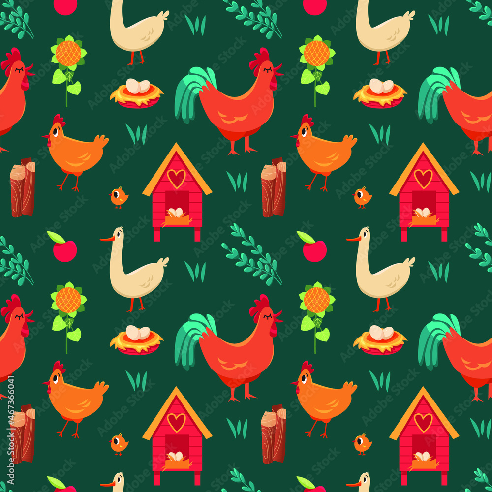 Vector seamless pattern with cute hens, roosters, chickens, geese and plants on a dark blue background. Farm birds. For wrapping paper, textile, decorations, packaging paper.