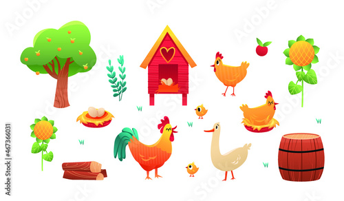 Vector set farm birds isolated on white background. Chicken, rooster, goose, nest with eggs.
