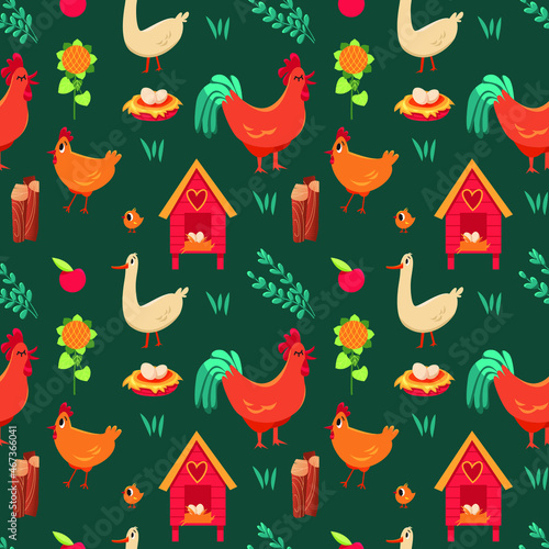 Vector seamless pattern with cute hens, roosters, chickens, geese and plants on a dark blue background. Farm birds. For wrapping paper, textile, decorations, packaging paper.