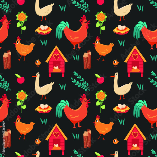 Vector seamless pattern with cute hens, roosters, chickens, geese and plants on a black background. Farm birds. For wrapping paper, textile, decorations, packaging paper.