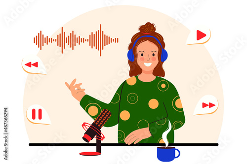 Illustration of a podcaster speaking into a microphone. Smiling woman with headphones is recording an audio podcast or online show. Podcasting broadcasting concept vector illustration in flat style