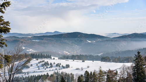 Fototapeta Naklejka Na Ścianę i Meble -  Winter foggy landscape of Beski Sadecki mountain range