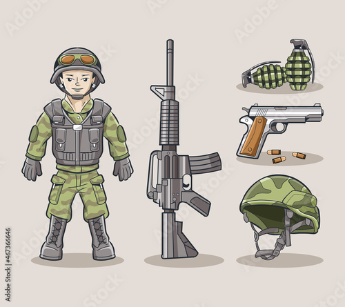 military with armor and weapon set vector