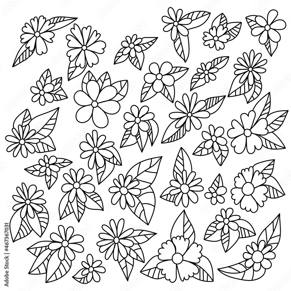 Set of different outline doodle flowers with striped leaves for design or coloring book Set of different outline doodle flowers with striped leaves for design or coloring book