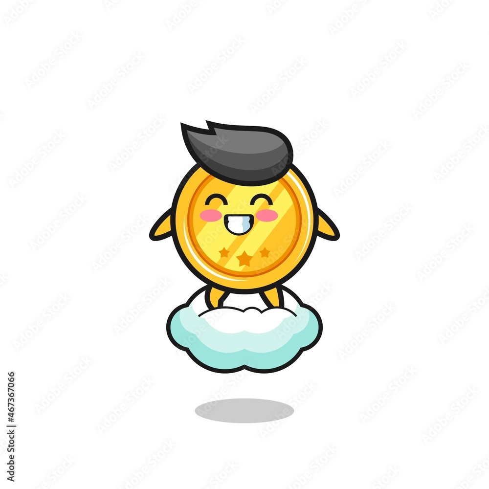 cute medal illustration riding a floating cloud