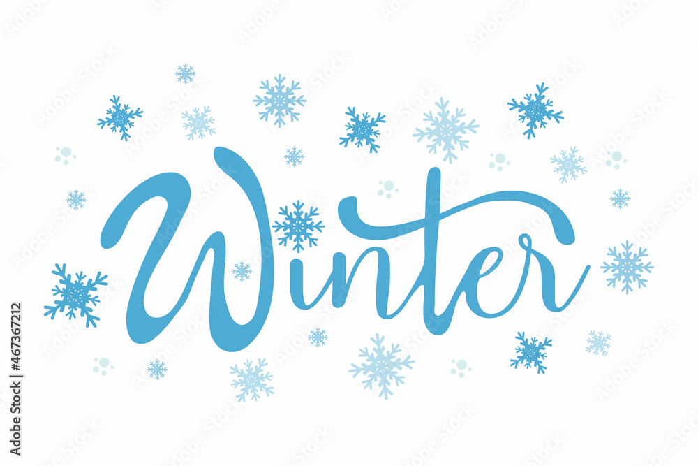 Banner winter lettering, cute handwritten vector illustration with snowflakes. Flat style vector. card design template.