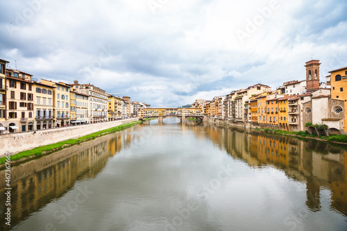 huge crowds of people on the Ponte Vecchio  Florence  Italy. Spring cloudy day