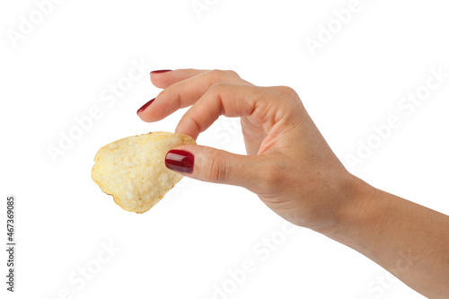 girl holds fingers chips isolated on white background