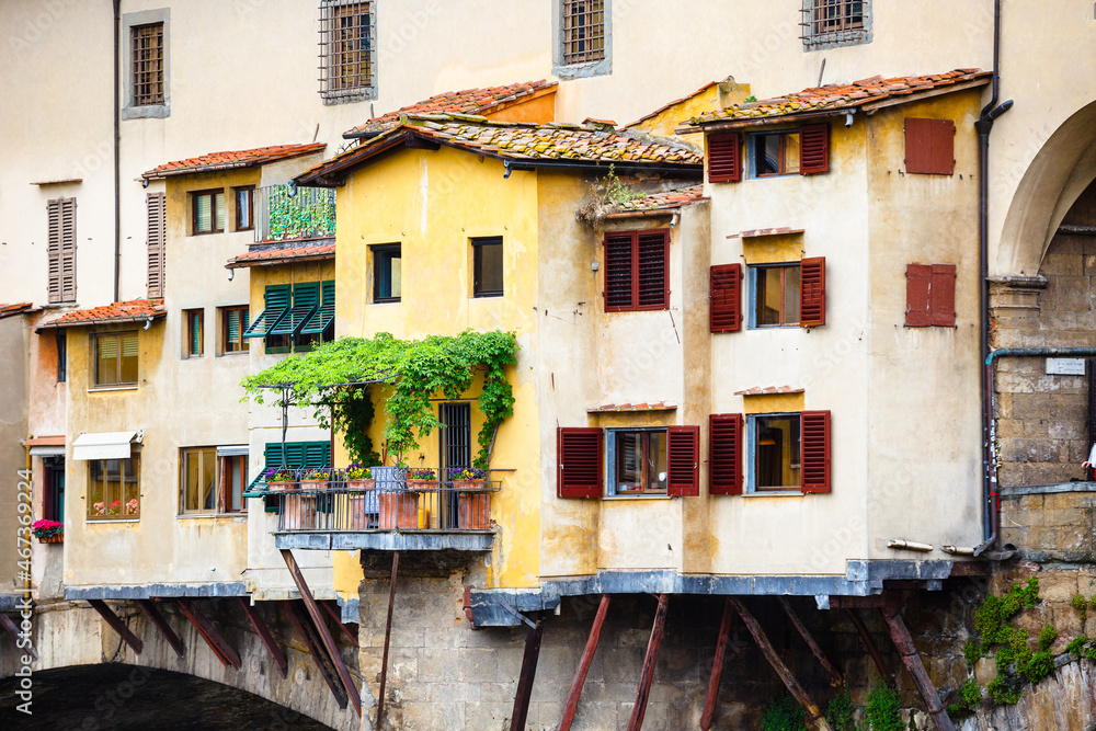 Detales of Ponte Vecchio, Florence, Italy. Windows, balconies, flowers