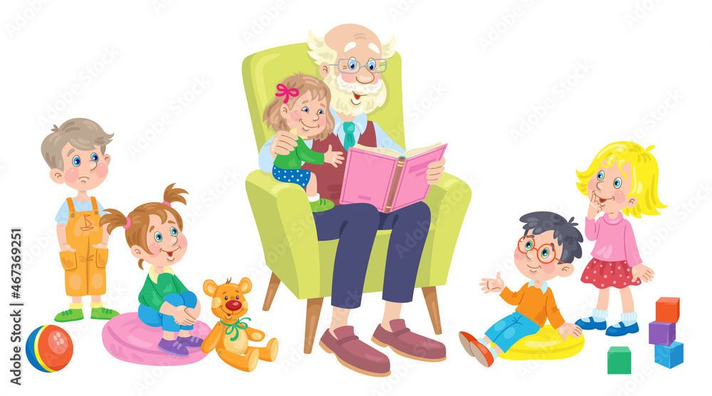 Cute grandfather is reading a book surrounded by children and toys. In cartoon style. Isolated on white background. Vector  illustration.