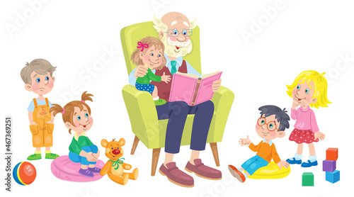 Cute grandfather is reading a book surrounded by children and toys. In cartoon style. Isolated on white background. Vector  illustration.