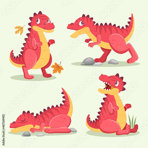 Dino trex character cute set vector illustration