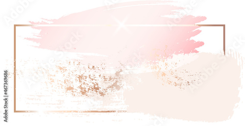 Vintage design template with pink paint strokes and gold frame. Abstract vector Watercolour style. Luxury vector illustration.