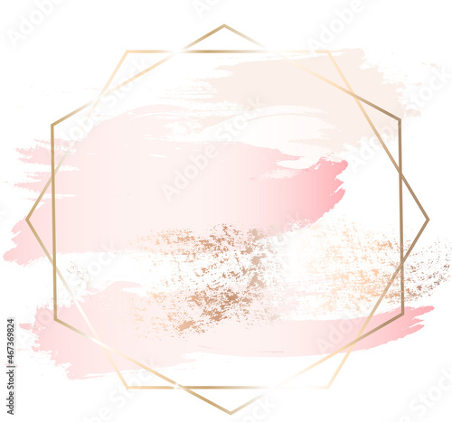 Vintage design template with pink paint strokes and gold frame. Abstract vector Watercolour style. Luxury vector illustration.