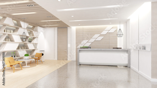 Reception counters and waiting seats in a small workplace,3d rendering