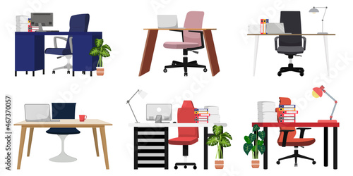 Beautiful desk set for home office freelancer with different design with chair table some paper pile file folder and house plants isolated