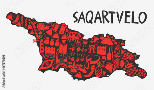 Vector hand drawn stylized map of Georgia. Travel illustration of Saqartvelo landmarks. Geography illustration and handwritten lettering.