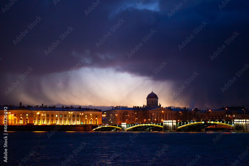 A snowstorm over the Neva. Evening St. Petersburg