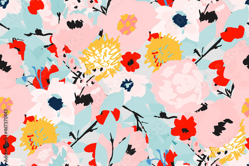 Abstract seamless pattern with bright, juicy flowers