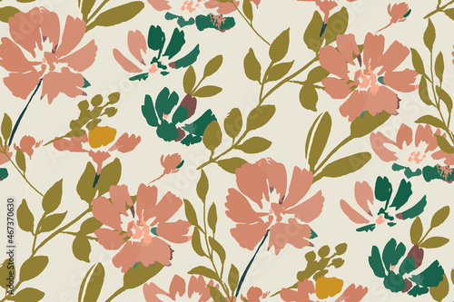 Beautiful autumn floral seamless pattern in warm orange color. Chintz print with wildflowers.