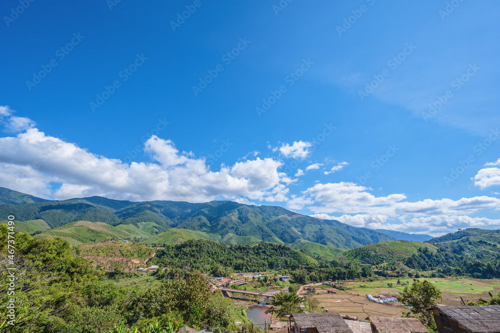 Mountain landscape view and blue sky at nan province.Nan is a rural province in northern Thailand bordering Laos