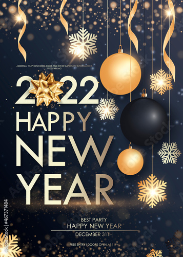 Happy new year 2022. Luxurious white numbers and gold splash. Greeting card design template. Party poster, banner for invitation gold glittering stars confetti glitter decoration. Vector background