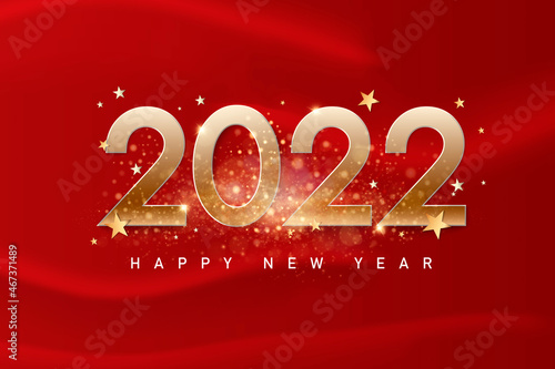 Happy new year 2022. Luxurious white numbers and gold splash. Greeting card design template. Party poster, banner for invitation gold glittering stars confetti glitter decoration. Vector background