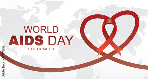 World aids day background with white background and red ribbon forming love