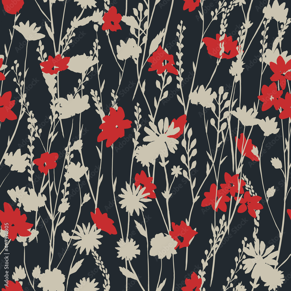 Fatal dark pattern with red flowers on a dark background with wildflowers siduets