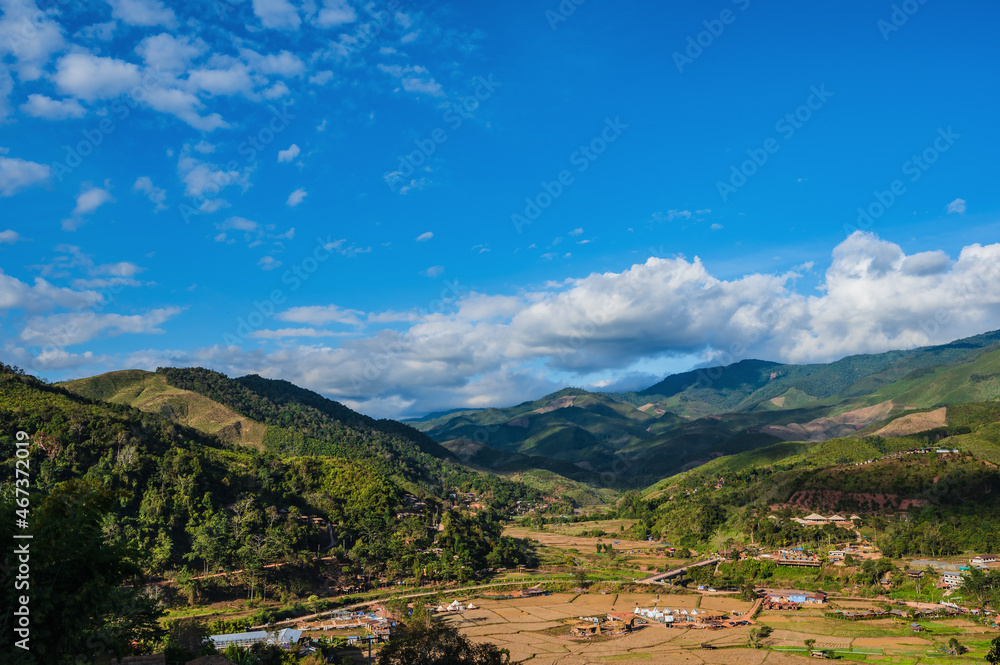 landscape view of Sapan village nan thailand.Sapan is a small, quiet village, surrounded by trees, fields, and beautiful landscapes