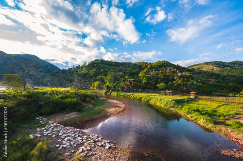 Obraz na plátně Landscape view of mountains and river of Sapan Village At nan Thailand