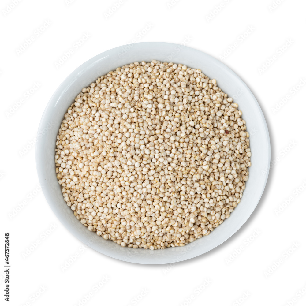 Raw quinoa grains in a bowl isolated over white background Raw quinoa grains in a bowl isolated over white background