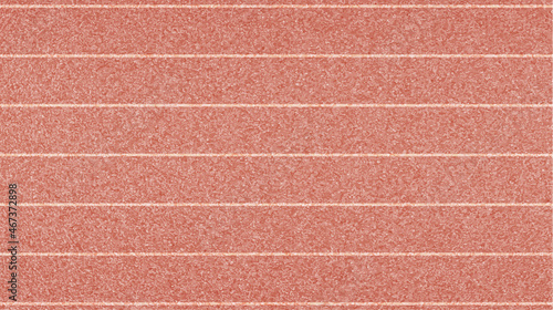 Straight stadium running track textured vector illustration. Top view red treadmill with lines