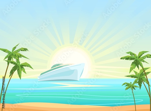 Fototapeta Naklejka Na Ścianę i Meble -  Ocean yacht. A modern multi tiered luxury vessel. Large passenger ship. Sunrise. Calm blue sea. Sandy tropical beach with palms. Flat style. Vector.