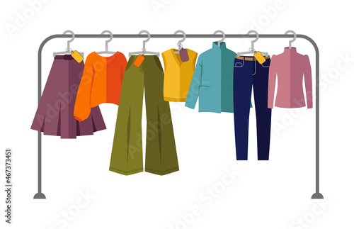 Vector illustration, set of clothes on a hanger. Clothing store, autumn and winter wardrobe. Shopping, store concept. Seasonal sale of clothes. Clothes collection icons set.